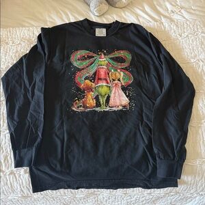 Women's Black Long Sleeve Tee with Festive Design